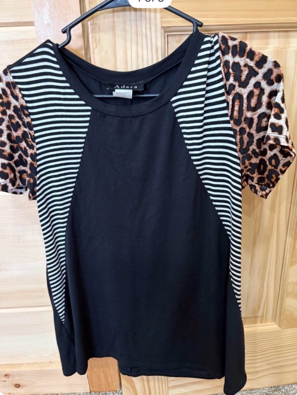 Black Tee with Striped Panels & Leopard Sleeves